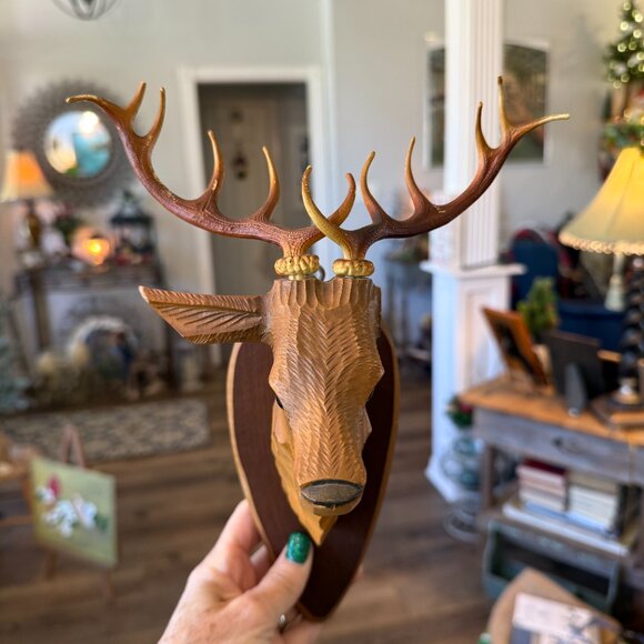 Vintage Carved Wood Deer Head Faux Taxidermy - Picture 9 of 12